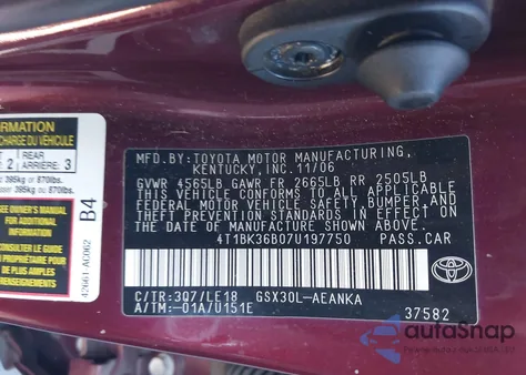 2007 Toyota Avalon Touring from USA, damaged, VIN 4T1BK36B07U197750